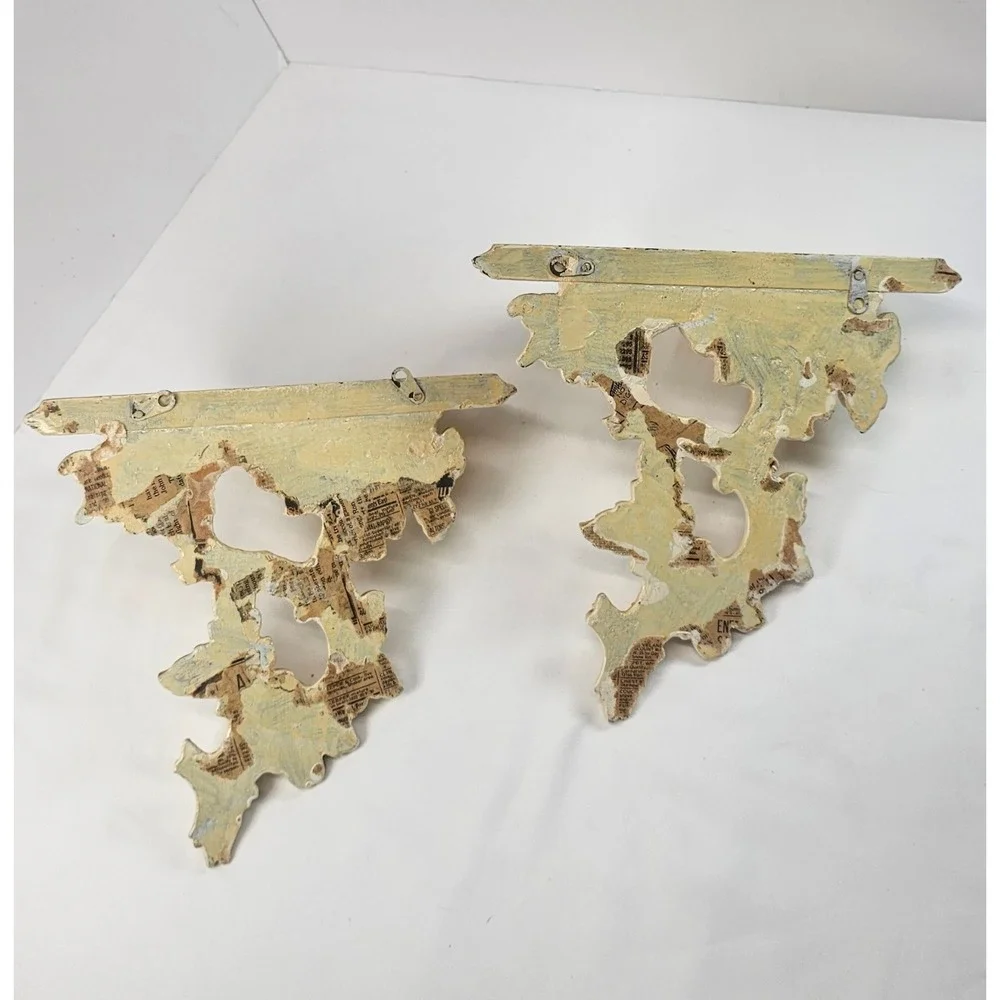 Vintage Pair Carved Wood Floral Wall Shelves Cream Distressed Hanging Display